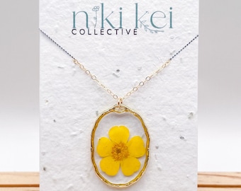 Real Pressed Buttercup Flower Dainty Necklace on 14k Gold Filled Chain