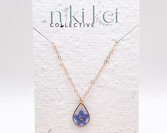 Real Pressed Forget Me Not Flower Dainty Necklace with 14k Gold Filled Chain