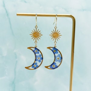 Pressed Forget-Me-Not Flower Earrings with Sun Charms