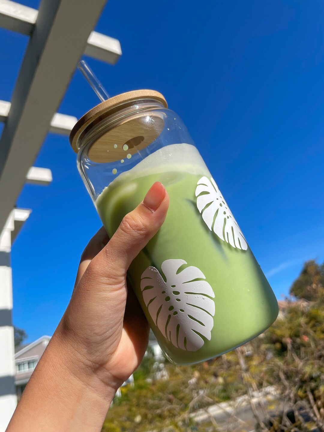 Monstera Glass Cup Lid and Straw Available Coffee Cup Iced Coffee Glass