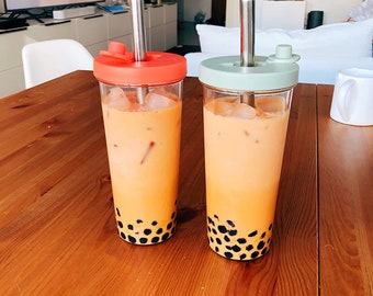 Leakproof Resealable 24oz Boba Tumbler | Shatterproof Tritan | Boba Cup | Wide Telescopic Stainless Steel Straw for Boba Pearls