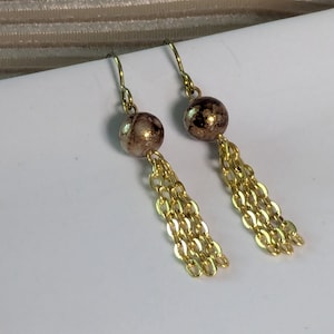Brown and Gold Watercolor Earrings with Chain Fringe, Hypoallergenic Jewelry Made for Sensitive Ears, Niobium Dangle Earring