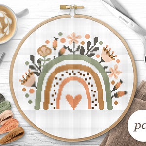 Boho Flower Rainbow Cross Stitch Pattern, Instant Download PDF, Counted Cross Stitch, Embroidery Pattern, PDF Pattern