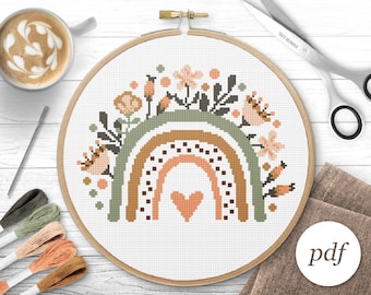 Boho Flower Rainbow Cross Stitch Pattern, Instant Download PDF, Counted Cross Stitch, Embroidery Pattern, PDF Pattern