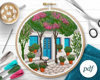 Greek House Cross Stitch Pattern, Instant Download PDF, Counted Cross Stitch, Embroidery Pattern, PDF Pattern, Digital Cross Stitch Pattern