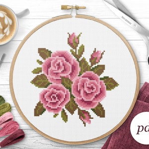 Valentines Roses Cross Stitch Pattern, Instant Download PDF, Counted Cross Stitch, Embroidery Pattern, PDF Pattern