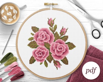 Valentines Roses Cross Stitch Pattern, Instant Download PDF, Counted Cross Stitch, Embroidery Pattern, PDF Pattern