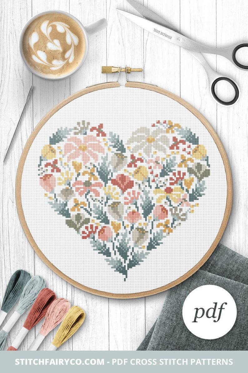 Floral Heart Cross Stitch Pattern, Instant Download PDF, Counted Cross Stitch, Embroidery Pattern, PDF Pattern image 8