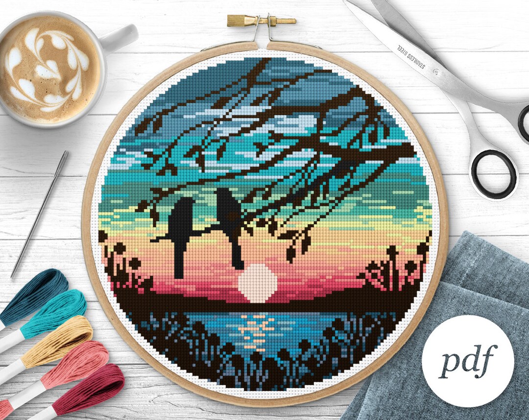 Sunset With Birds Cross Stitch Pattern, Instant Download PDF, Counted