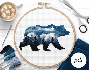 Starry Bear Cross Stitch Pattern, Instant Download PDF, Counted Cross Stitch, Embroidery Pattern, PDF Pattern, Digital Cross Stitch Pattern