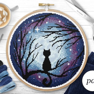 Cat Night Cross Stitch Pattern, Instant Download PDF, Counted Cross Stitch, Embroidery Pattern, PDF Pattern, Digital Cross Stitch Pattern