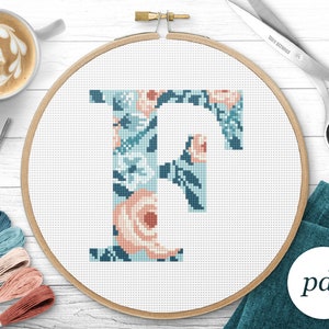 Padrão de ponto cruz com monograma letra F, download instantâneo de PDF, ponto cruz contado, padrão de bordado, padrão PDF