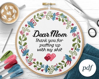 Dear Mom Cross Stitch Pattern, Instant Download PDF, Counted Cross Stitch, Embroidery Pattern, PDF Pattern, Digital Cross Stitch Pattern