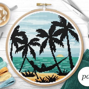 Tropical Beach Cross Stitch Pattern, Instant Download PDF, Counted Cross Stitch, Embroidery Pattern, PDF Pattern