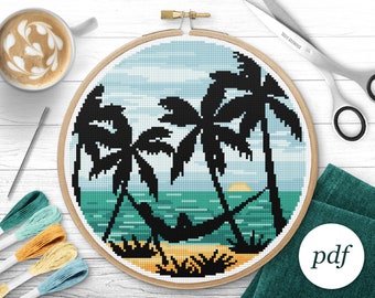 Tropical Beach Cross Stitch Pattern, Instant Download PDF, Counted Cross Stitch, Embroidery Pattern, PDF Pattern