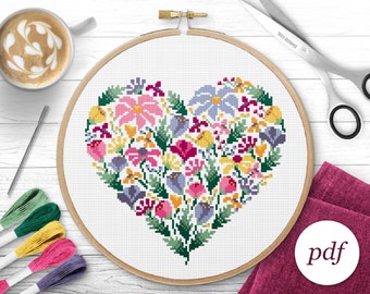 Floral Heart Cross Stitch Pattern, Instant Download PDF, Counted Cross Stitch, Embroidery Pattern, PDF Pattern