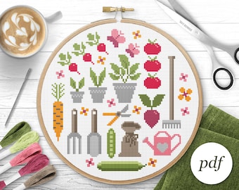 Gardening Cross Stitch Pattern, Instant Download PDF, Counted Cross Stitch, Embroidery Pattern, PDF Pattern, Digital Cross Stitch Pattern