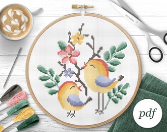 Spring Birds Cross Stitch Pattern, Instant Download PDF, Counted Cross Stitch, Embroidery Pattern, PDF Pattern