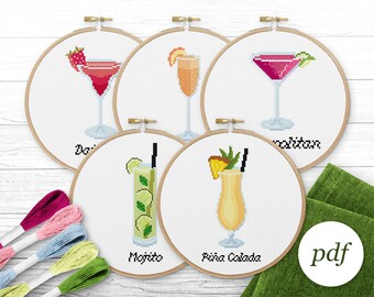 Cocktails Bundle Cross Stitch Pattern, Instant Download PDF, Counted Cross Stitch, Embroidery Pattern, PDF Pattern