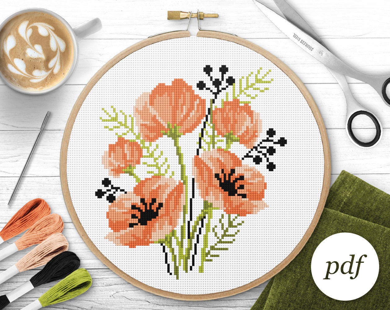 Poppies Cross Stitch Pattern, Instant Download PDF, Counted Cross