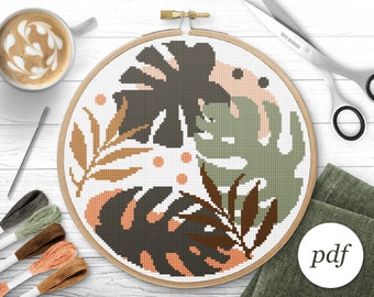 Boho Leaves Cross Stitch Pattern, Instant Download PDF, Counted Cross Stitch, Embroidery Pattern, PDF Pattern, Digital Cross Stitch Pattern