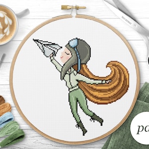 Aviator Girl Cross Stitch Pattern, Instant Download PDF, Counted Cross Stitch, Embroidery Pattern, PDF Pattern