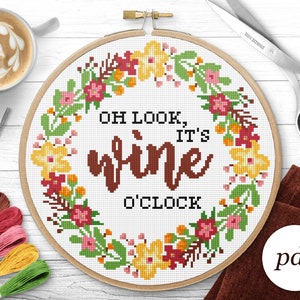 It&#39;s Wine O&#39;clock Cross Stitch Pattern, Instant Download PDF, Counted Cross Stitch, Embroidery Pattern, PDF Pattern
