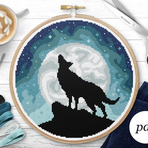Wolf and Moon Cross Stitch Pattern, Instant Download PDF, Counted Cross Stitch, Embroidery Pattern, PDF Pattern