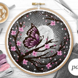 Night Butterfly Cross Stitch Pattern, Instant Download PDF, Counted Cross Stitch, Embroidery Pattern, PDF Pattern
