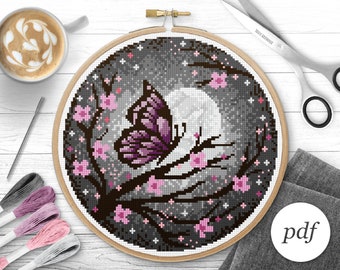 Night Butterfly Cross Stitch Pattern, Instant Download PDF, Counted Cross Stitch, Embroidery Pattern, PDF Pattern