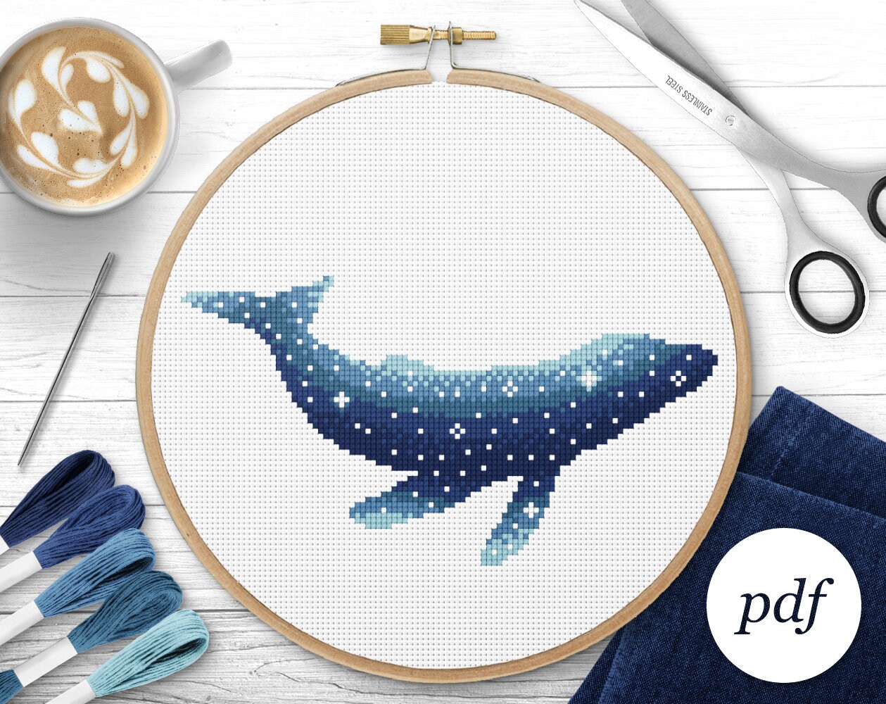 Space Whale Cross Stitch Pattern, Instant Download PDF, Counted Cross Stitch, Embroidery Pattern, PDF Pattern, Digital Cross Stitch Pattern