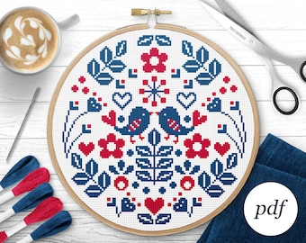 Folk Cross Stitch Pattern, Instant Download PDF, Counted Cross Stitch, Embroidery Pattern, PDF Pattern, Digital Cross Stitch Pattern