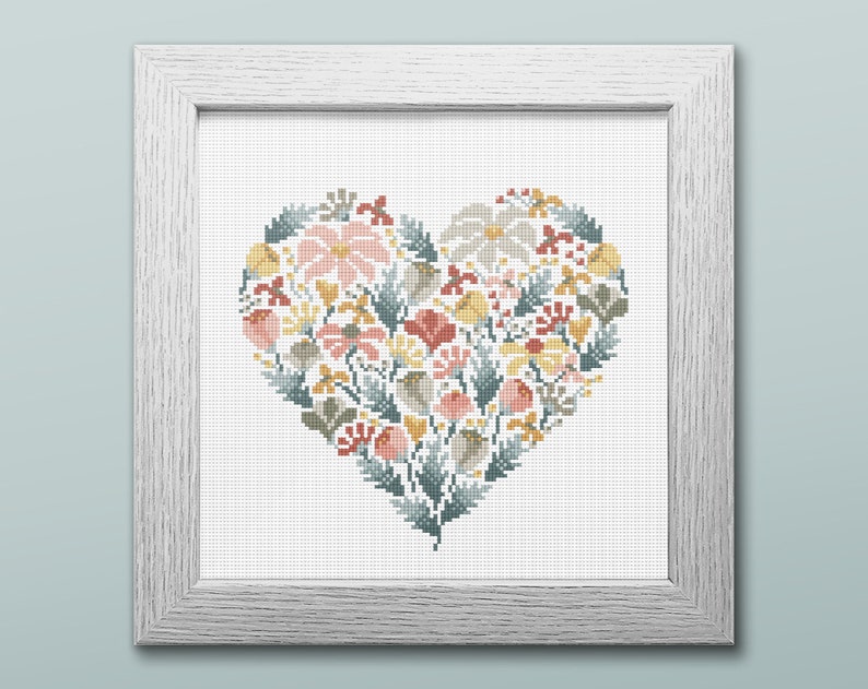 Floral Heart Cross Stitch Pattern, Instant Download PDF, Counted Cross Stitch, Embroidery Pattern, PDF Pattern image 2