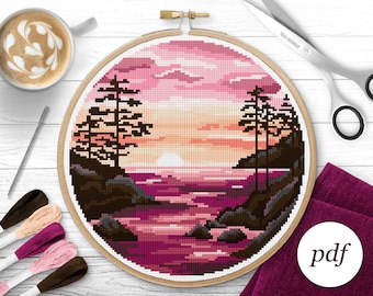 Ocean Sunset Cross Stitch Pattern, Instant Download PDF, Counted Cross Stitch, Embroidery Pattern, PDF Pattern