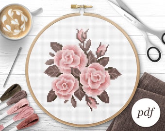 Blush Roses Cross Stitch Pattern, Instant Download PDF, Counted Cross Stitch, Embroidery Pattern, PDF Pattern, Digital Cross Stitch Pattern