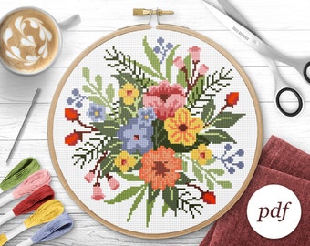 Bouquet Cross Stitch Pattern, Instant Download PDF, Counted Cross Stitch, Embroidery Pattern, PDF Pattern, Digital Cross Stitch Pattern