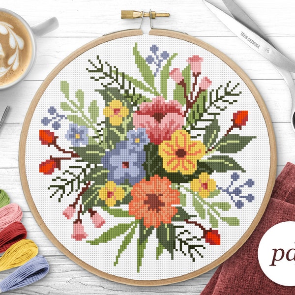 Motivo a punto croce Bouquet, Download istantaneo PDF, Punto croce contato, Schema ricamo, Schema PDF, Schema punto croce digitale