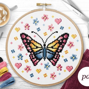Butterfly and Flowers Cross Stitch Pattern, Instant Download PDF, Counted Cross Stitch, Embroidery Pattern, PDF Pattern