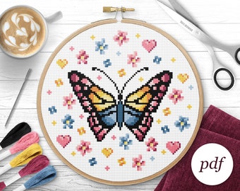 Butterfly and Flowers Cross Stitch Pattern, Instant Download PDF, Counted Cross Stitch, Embroidery Pattern, PDF Pattern