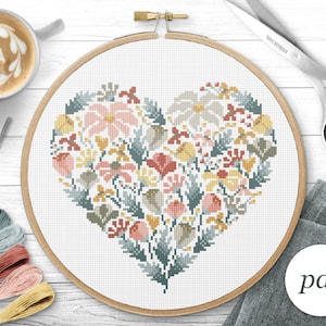 Floral Heart Cross Stitch Pattern, Instant Download PDF, Counted Cross Stitch, Embroidery Pattern, PDF Pattern