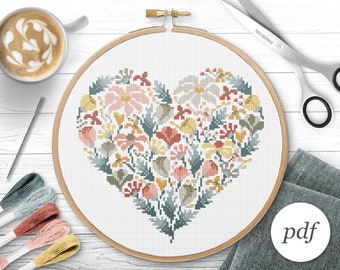 Floral Heart Cross Stitch Pattern, Instant Download PDF, Counted Cross Stitch, Embroidery Pattern, PDF Pattern