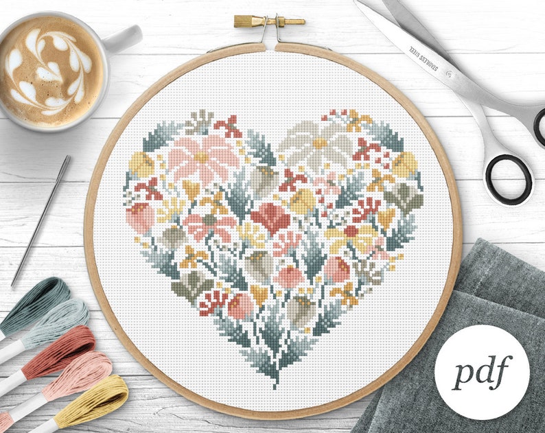 Floral Heart Cross Stitch Pattern, Instant Download PDF, Counted Cross Stitch, Embroidery Pattern, PDF Pattern image 1