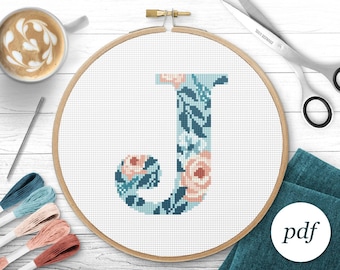 Letter J Monogram Cross Stitch Pattern, Instant Download PDF, Counted Cross Stitch, Embroidery Pattern, PDF Pattern
