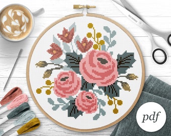 Bouquet Cross Stitch Pattern, Instant Download PDF, Counted Cross Stitch, Embroidery Pattern, PDF Pattern, Digital Cross Stitch Pattern