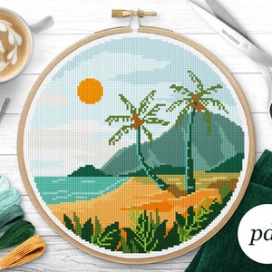 Tropical Seashore Cross Stitch Pattern, Instant Download PDF, Counted Cross Stitch, Embroidery Pattern, PDF Pattern