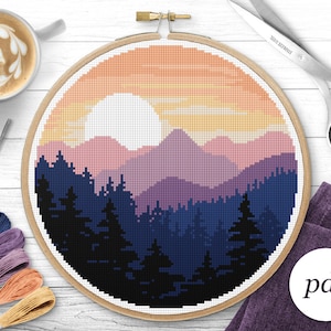 Mountain Sunrise Cross Stitch Pattern, Sunset Pattern, Mountain Cross Stitch, Instant Download PDF, Counted Cross Stitch