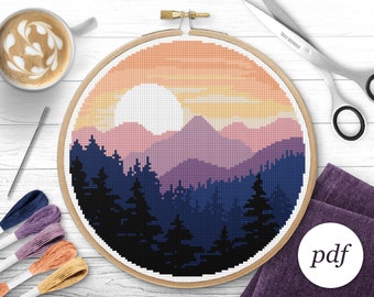 Mountain Sunrise Cross Stitch Pattern, Sunset Pattern, Mountain Cross Stitch, Instant Download PDF, Counted Cross Stitch