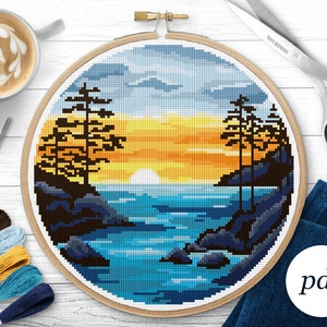 Sunset Over the Ocean Cross Stitch Pattern, Instant Download PDF, Counted Cross Stitch, Embroidery Pattern, PDF Pattern