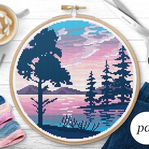 Lake Landscape Cross Stitch Pattern, Instant Download PDF, Counted Cross Stitch, Embroidery Pattern, PDF Pattern