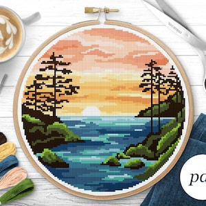 Sunset Over the Ocean Cross Stitch Pattern, Instant Download PDF, Counted Cross Stitch, Embroidery Pattern, PDF Pattern